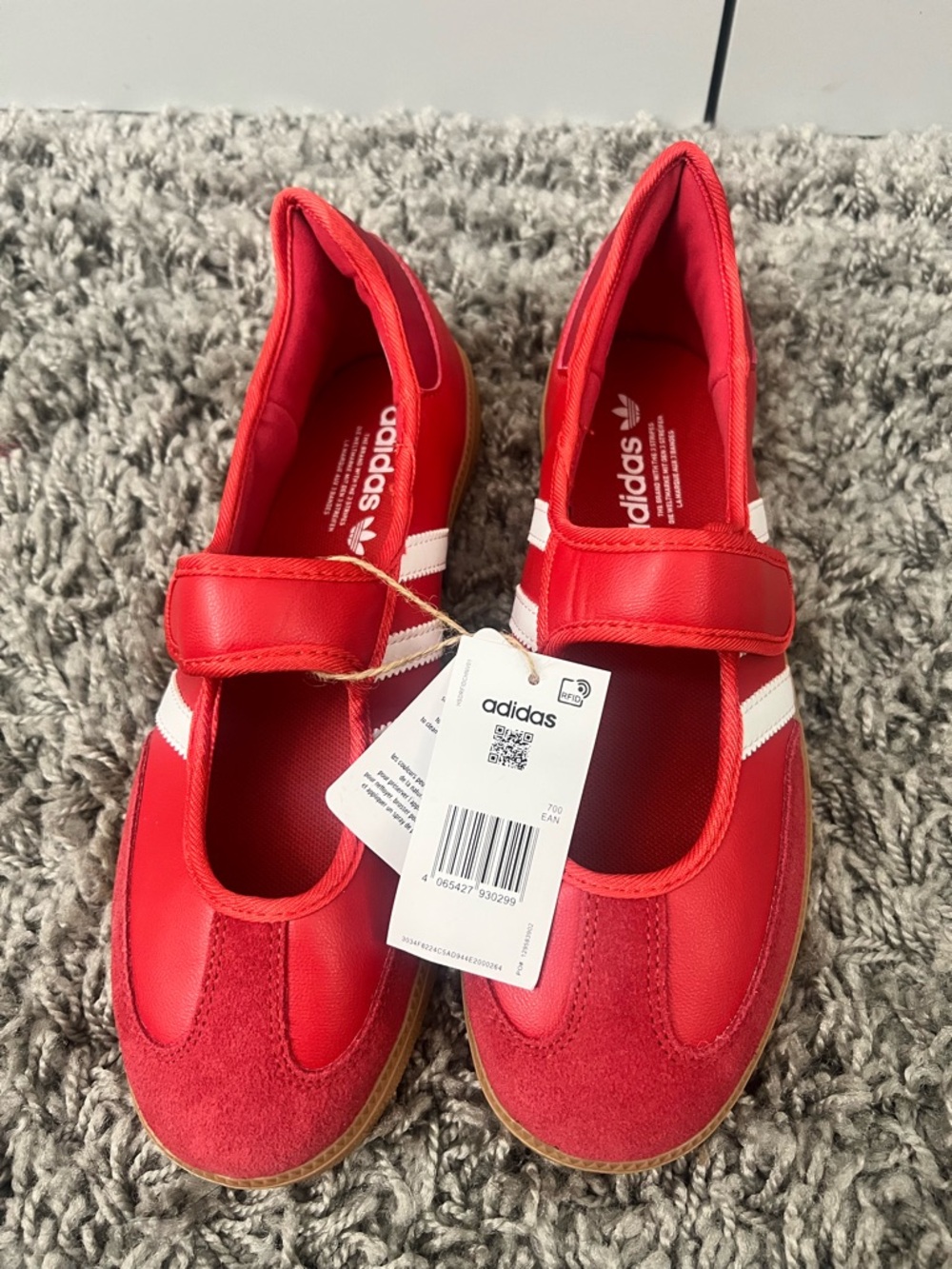 Adidas Red Mary Jane Sneakers with White Stripes